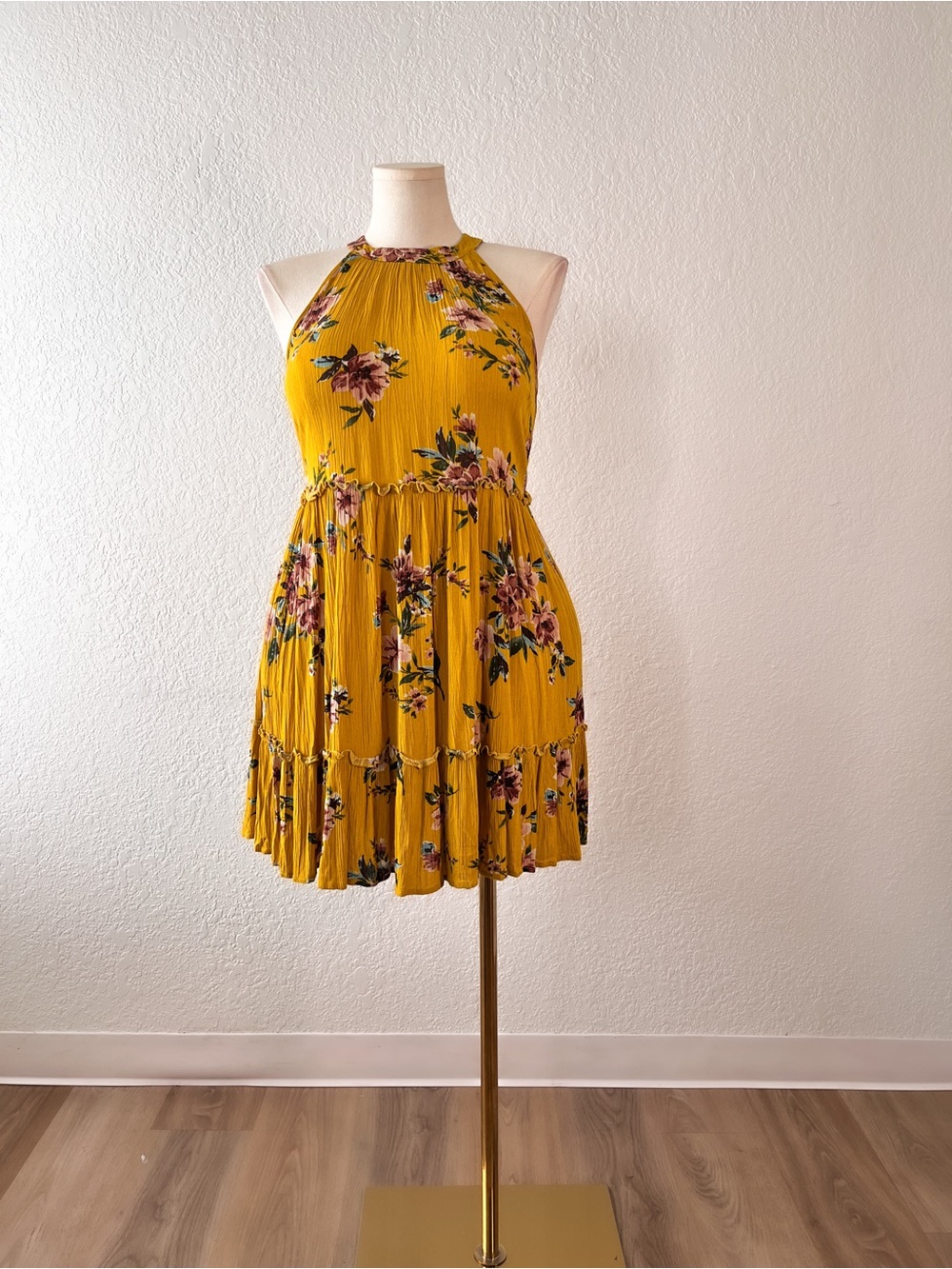 Xhilaration Mustard Yellow Floral Halter Mini Dress - Picture 1 of 3